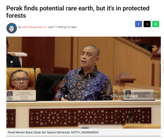 Perak finds potential rare earth, but it's in protected forests