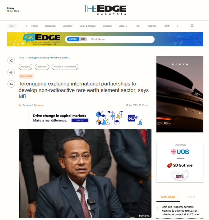 Terengganu exploring international partnerships to develop non-radioactive rare earth element sector, says MB