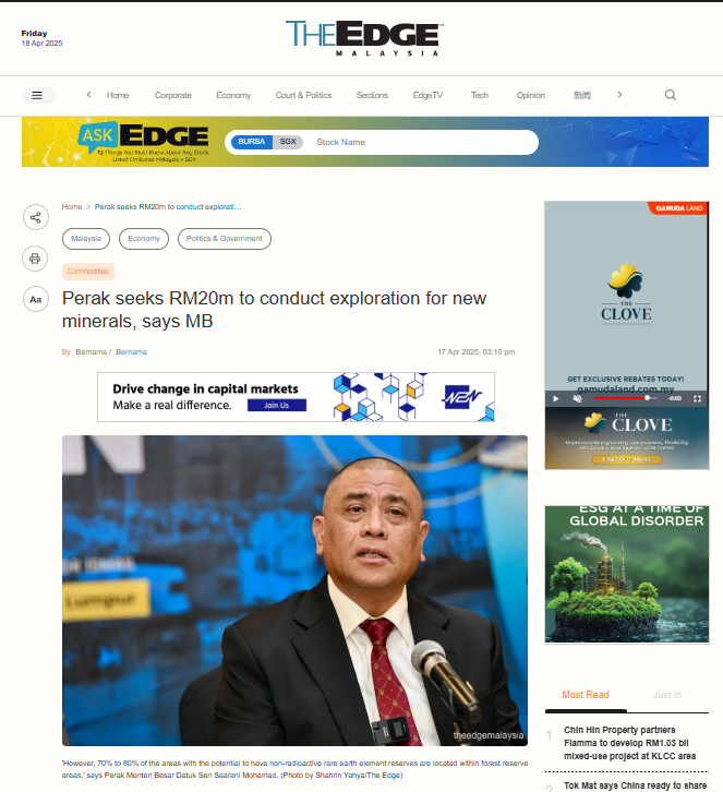 Perak seeks RM20m to conduct exploration for new minerals, says MB