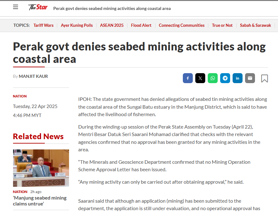 Perak govt denies seabed mining activities along coastal area