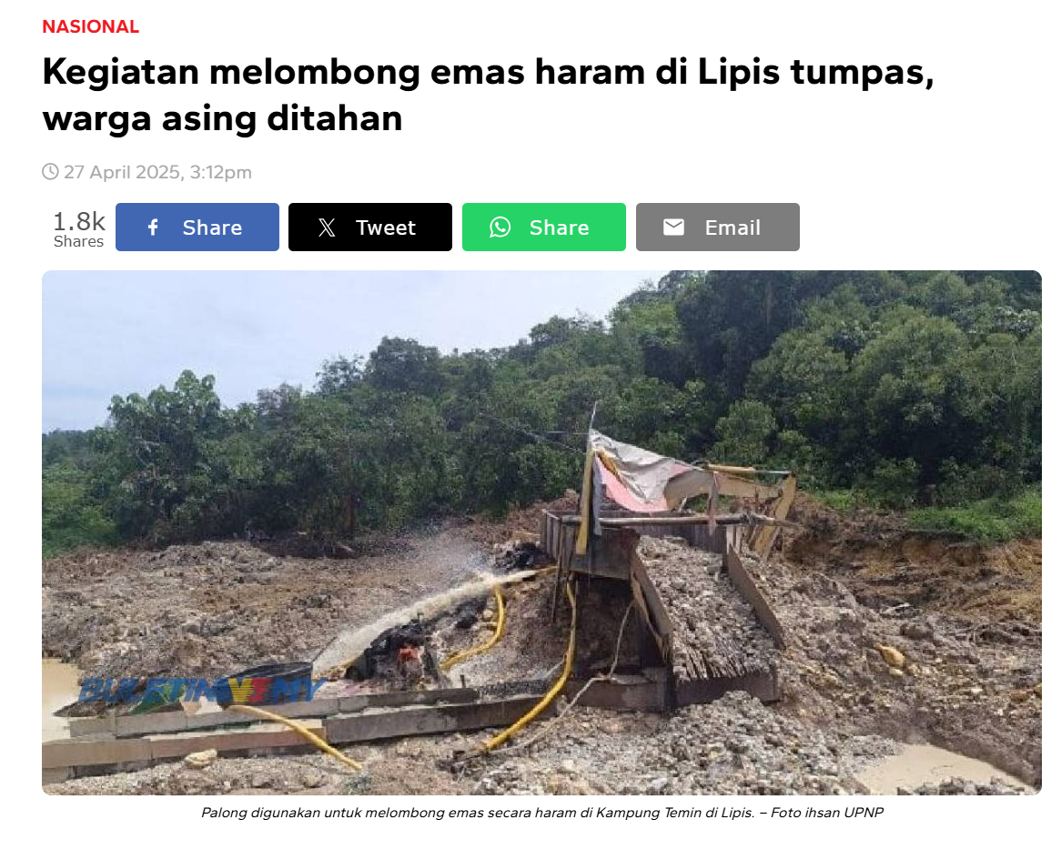 Kegiatan melombong emas haram di Lipis tumpas, warga asing ditahan