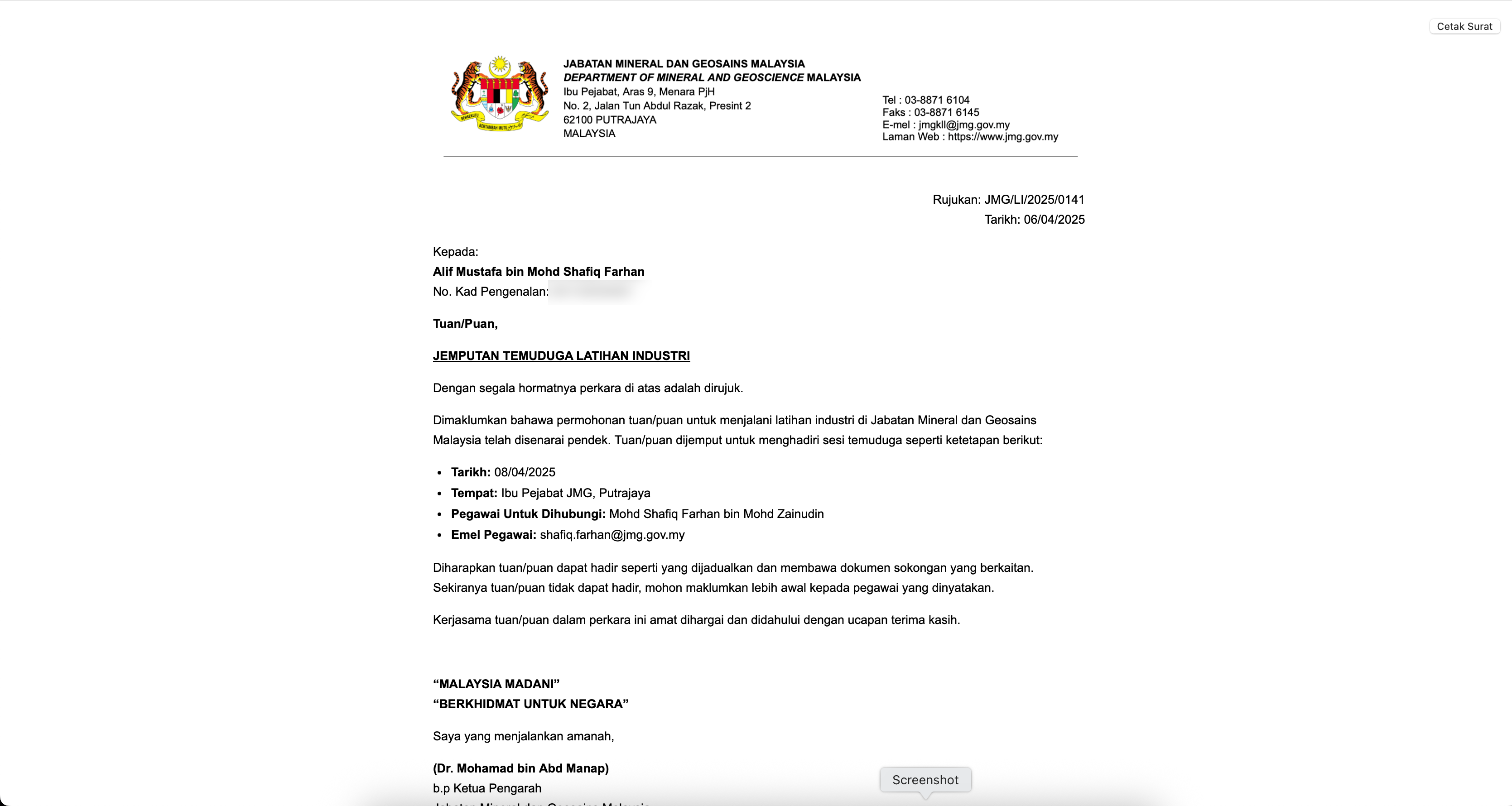 Contoh Surat Temuduga